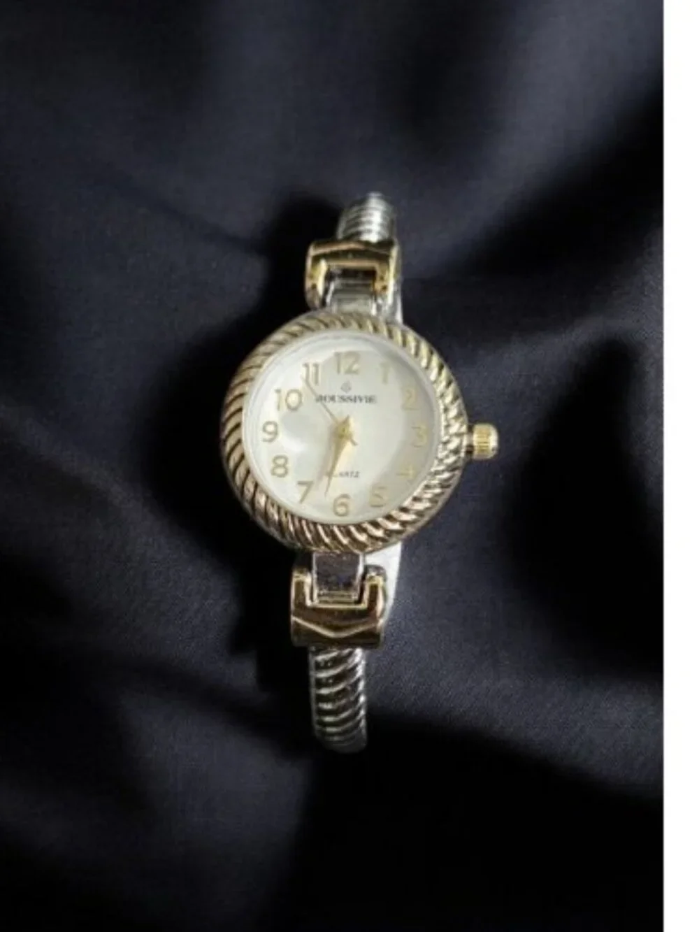BOUSSIVIE Silver and Goldtone Ladies Hinged Clamper Quartz Cuff Bracelet Watch